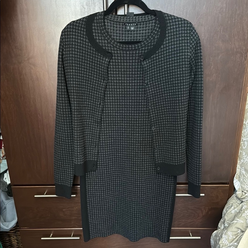 Theory Black and Gray Houndstooth Dress and Cardigan Set Wool